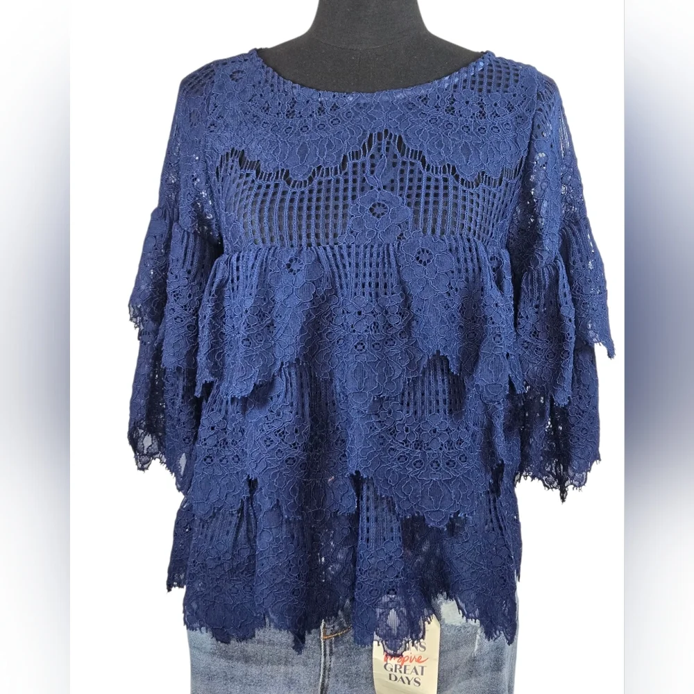 Elena Antoniades London Navy Blue Lace Tiered Blouse M | Floral Crochet Top